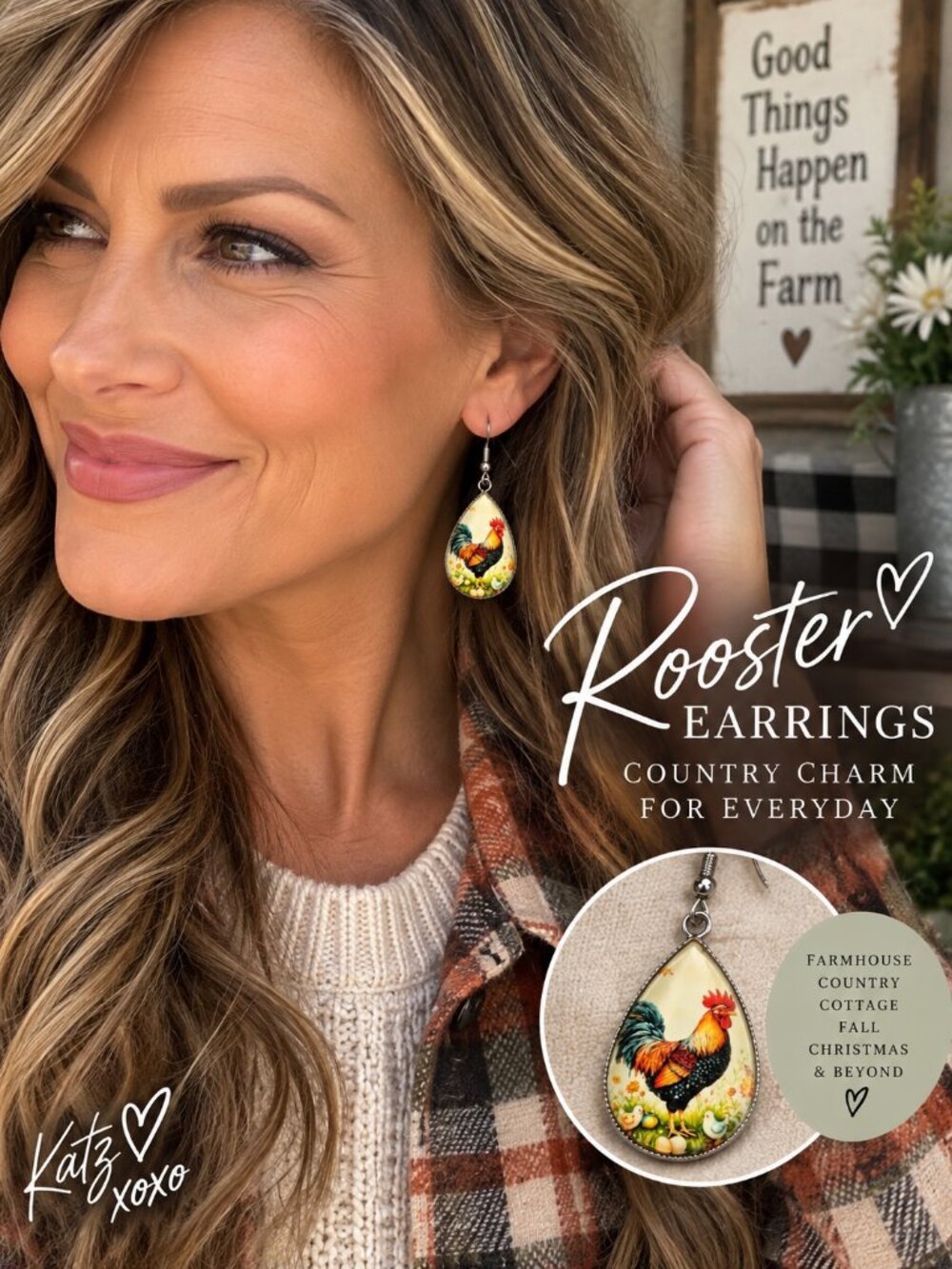 Rooster Chicken Earrings Glass Dome Dangle Farmhouse Cottage Farm Hen Country